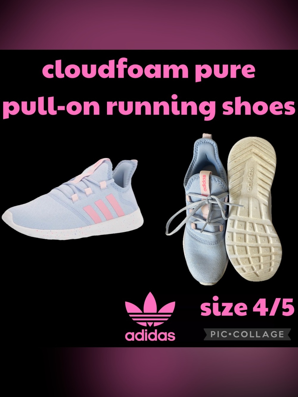 Girls Shoes adidas Cloudfoam Pure Big Kids Pull-On Running Shoes size 4/5